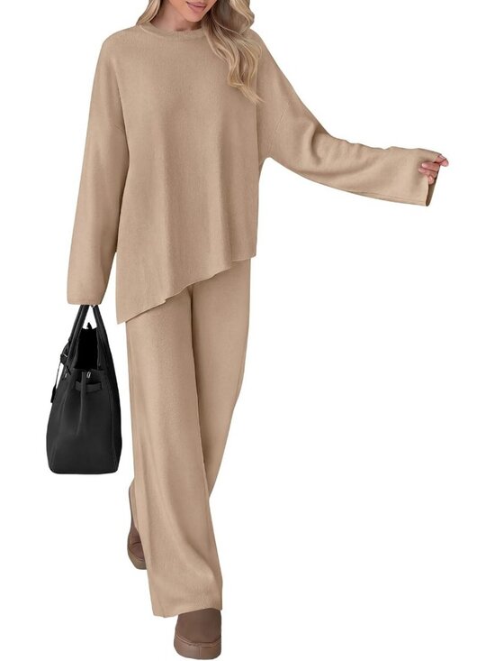 Sweaters - Cozy Fall 2-Piece Asymmetric Sweater & Lounge Set for Travel & Relaxation